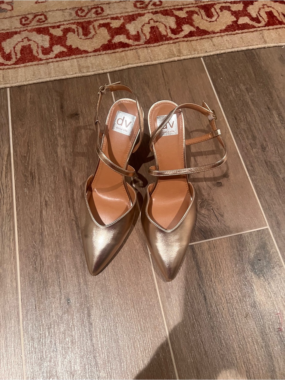 DV by Dolce Vita Metallic Rose Gold Pointed-Toe Strappy Heels